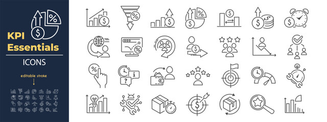 Minimalist KPI Icon Collection with Revenue, Growth and Efficiency Metrics for Project Management or Data Visualization. Vector. Editable Stroke.