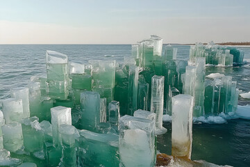 Frozen Ice Blocks Stand Tall in the Water, Reflecting the Sky's