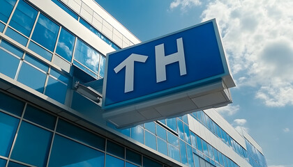Modern Hospital Building Exterior with Directional Sign