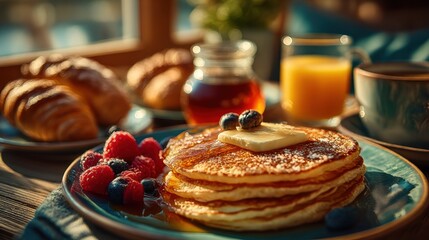 Breakfast spread featuring pancakes, fresh fruit, and beverages in a cozy morning setting