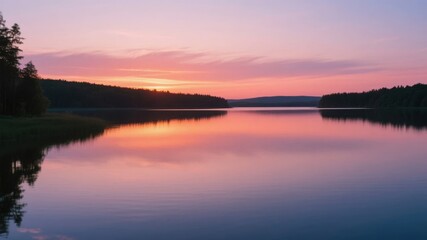 Fototapeta premium Calm Lake at Sunset with Reflective Waters and Forested Shorelines