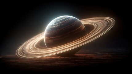 Mysterious alien world with vibrant rings and swirling atmosphere captured in deep space