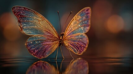 Colorful butterfly resting on water surface reflecting lights during twilight