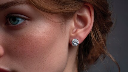 Close-up of a person showcasing sparkling earrings highlighting natural beauty and elegance with a soft focus background