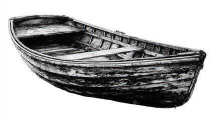 Old, weathered wooden rowboat illustration, presented in a grayscale, detailed sketch