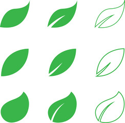 Collection of stylized green leaves, simple leaf shapes for nature themes