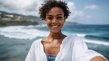 Confident young woman taking a selfie on a tropical beach, smiling and enjoying summer vacation, wearing white shirt and denim shorts, ocean waves in the background, blue sky with