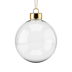 Perfectly transparent, empty glass christmas ornament with gleaming gold cap and loop, isolated on a transparent studio background with bright, shadowless lighting, concept of elegant product