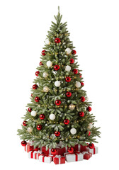 Obraz premium Majestic christmas tree with lush green needles, glossy red and matte white ornaments, warm LED lights, sparkling snow, and wrapped gifts at base, against a transparent studio backdrop with bright