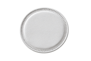 Circular white leather coaster, smooth surface, subtle stitching