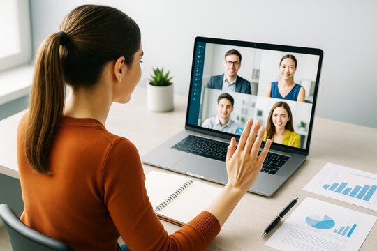 Woman in casual attire participates in online video call with colleagues using laptop at home office desk with documents and charts on background.