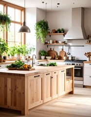 Light-wood kitchen island, open shelving, plants
