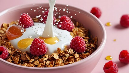 Close up of granola with yogurt raspberries and honey being poured into a pink bowl pouring