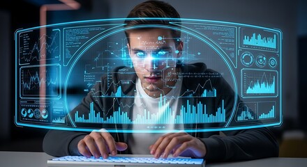 Futuristic programmer working with advanced technology using a transparent screen displaying complex data and algorithms for artificial intelligence development and innovation