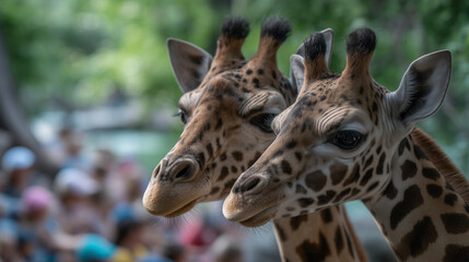 Obraz premium Family with kids exploring Zoo Wroclaw, watching giraffes and elephants, sunny summer day, lush green surroundings, excitement and learning, realistic photography style zoo wroclaw