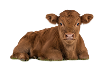 A young brown calf with fluffy fur and soft pink nose lying calmly on green grass and dry hay, looking at camera with gentle eyes against a transparent studio background, concept of farm animal