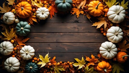 Autumn harvest wreath of colorful pumpkins and fall leaves on rustic wooden background