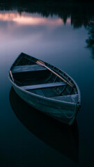 Obraz premium Serene wooden rowboat drifting on calm water under a moody twilight sky