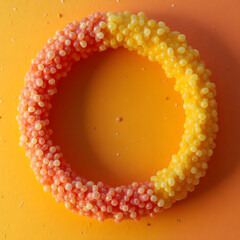 The image shows a brightly colored, textured ring set against an orange background. The ring transitions in color from red-orange on the left side to a vibrant yellow on the right side. It is covered 