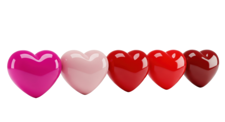 Five glossy 3D hearts in a horizontal row, vibrant pink to red gradient, on a pristine transparent background with diffused studio lighting and no shadows, high-angle shot, ultra-realistic high-end