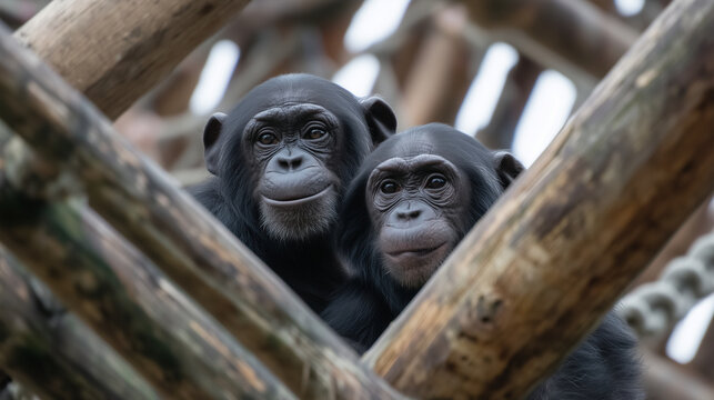 Chimpanzees climbing on wooden structures at Zoo Wroclaw, rope bridges, active playtime, people watching below chimpanzees zoo, primates zone, zoo activity, climbing animals, monke