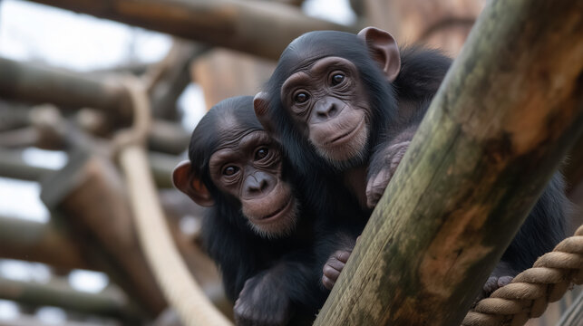 Chimpanzees climbing on wooden structures at Zoo Wroclaw, rope bridges, active playtime, people watching below chimpanzees zoo, primates zone, zoo activity, climbing animals, monke