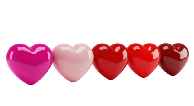 Five glossy 3D hearts in a horizontal row, vibrant pink to red gradient, on a pristine transparent background with diffused studio lighting and no shadows, high-angle shot, ultra-realistic high-end