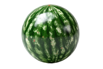 A perfect, round watermelon, vibrant green with dark green stripes and scattered red speckles, displayed against a black background