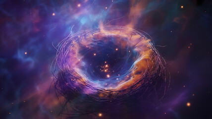 Obraz premium Vibrant cosmic ring nebula with glowing gas clouds and distant stars in deep space