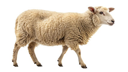 Fototapeta premium Side view of white fluffy sheep isolated on white background 