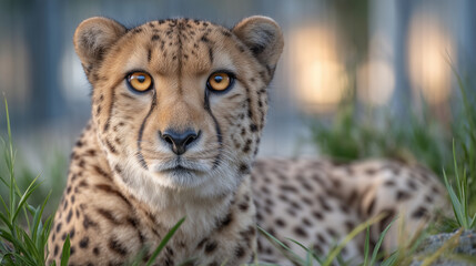Fototapeta premium Cheetah resting in tall grass enclosure at Zoo Wroclaw, looking at camera, background of safari fence cheetah zoo, big cats in captivity, zoo realism, predator watching, wildlife c