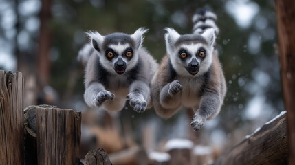 Naklejka premium Lemurs jumping between wooden posts in Zoo Wroclawâs Madagascar zone, children watching with amazement emurs zoo, madagascar animals, kids watching animals, energetic wildlife, zoo