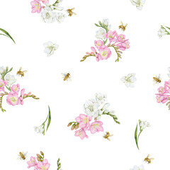 Seamless pattern of freesia flower and bee hand drawn watercolor.