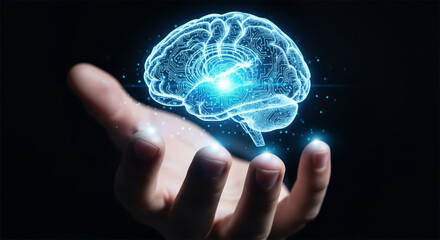 A close up of a human hand holding a glowing AI brain hologram with circuit patterns dark background technology concept 3