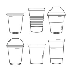 Set of plastic cup outline on white background set collection, disposable plastic cup set. Container for cold, hot drink realistic templates. Plastic cup line art doodle