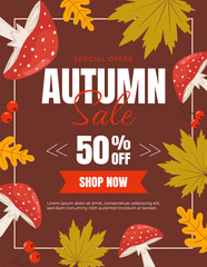 Fall sale poster with toadstools and leaves. Season background, banner or flyer design for shopping sale or promotion, leaflet and web. Vector illustration.