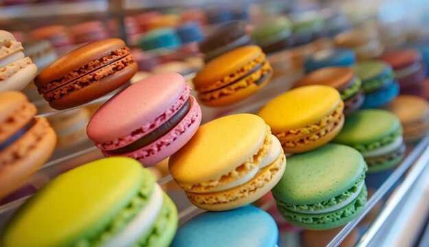 Colorful macarons arranged in a decorative display for dessert
