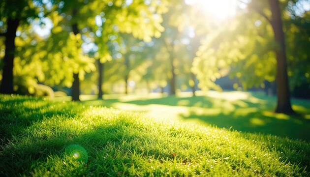 Warm sunlight filters through the trees, illuminating a lush field of vibrant green grass on a summer day