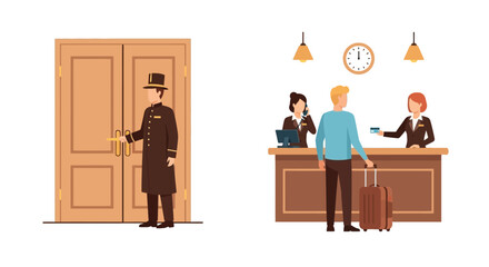 Hotel services illustration showing bellhop and front desk reception assistance