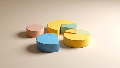 Collection of six stylized pie charts scattered on a pale surface. Each chart features distinct color palettes—pink, blue, yellow, green, and beige—and is segmented