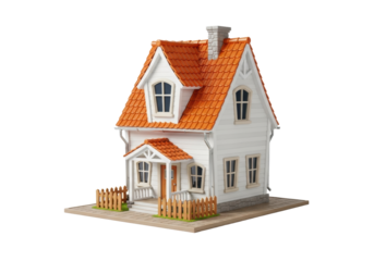 A stylized, cartoonish house, white exterior, orange tiled roof, exaggerated dormer, small front porch, wooden fence, isolated on a transparent background with a light brown miniature sidewalk, crisp