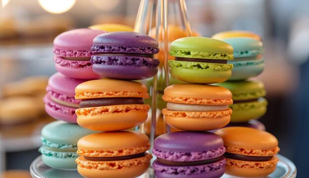 Colorful macarons arranged in a decorative display for dessert
