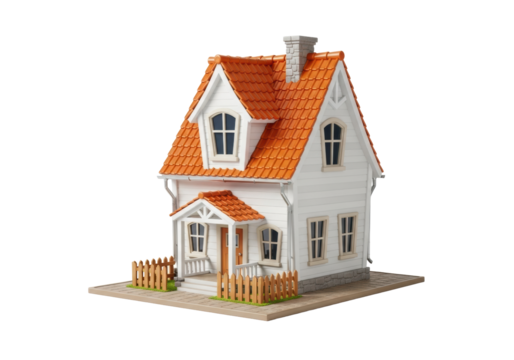 A stylized, cartoonish house, white exterior, orange tiled roof, exaggerated dormer, small front porch, wooden fence, isolated on a transparent background with a light brown miniature sidewalk, crisp