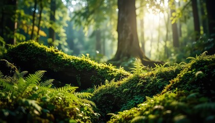 Sunlight filtering through the dense forest canopy illuminates moss covered logs and vibrant ferns growing on the forest floor