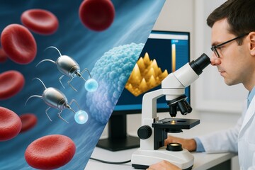 Futuristic medical nanotechnology and scientist analyzing microscopic data in a lab setting with abstract science background and digital light effects. Ai generative