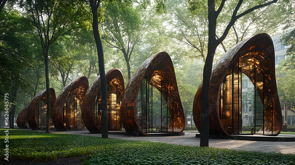 Wall mural abstract copper structures in a park setting architectural design and environmental art