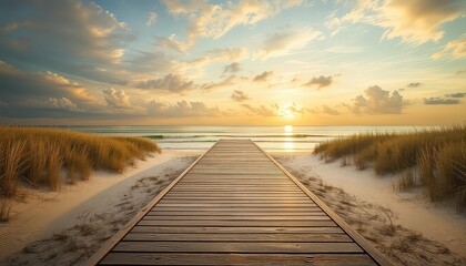 Obraz premium Wooden Pathway Leading Towards a Bright Golden Sunrise on a Peaceful Beach at Dawn