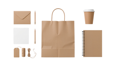 Elegant stationery arrangement on a transparent background showcasing kraft paper elements, clean