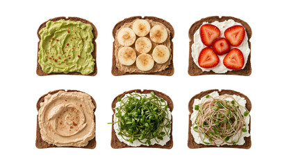 Artistic flat lay of nutritious and vibrant toast variations offering a range of flavors and