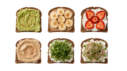 Artistic flat lay of nutritious and vibrant toast variations offering a range of flavors and